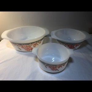 Vintage INDOPAL WHITE MILK Glass Set Of 3 Pink Grey Floral Indonesia